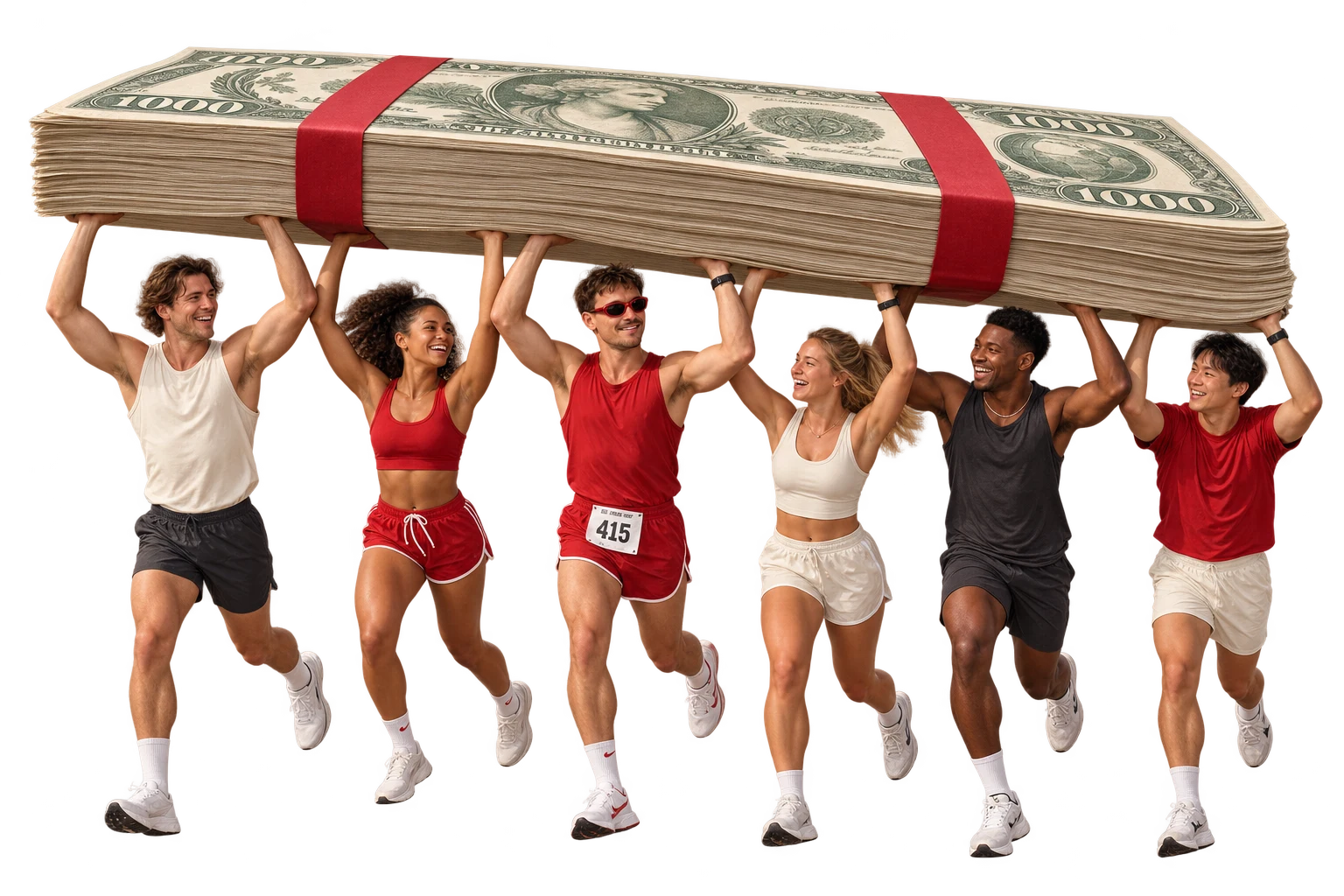 Tijs and an imagined group running together, both hands raised to carry an enormous stack of banknotes overhead.