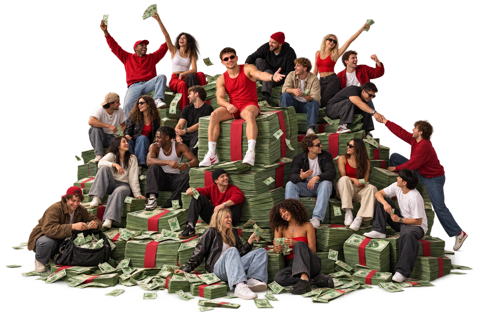 an illustrative crowd together on a sea of money