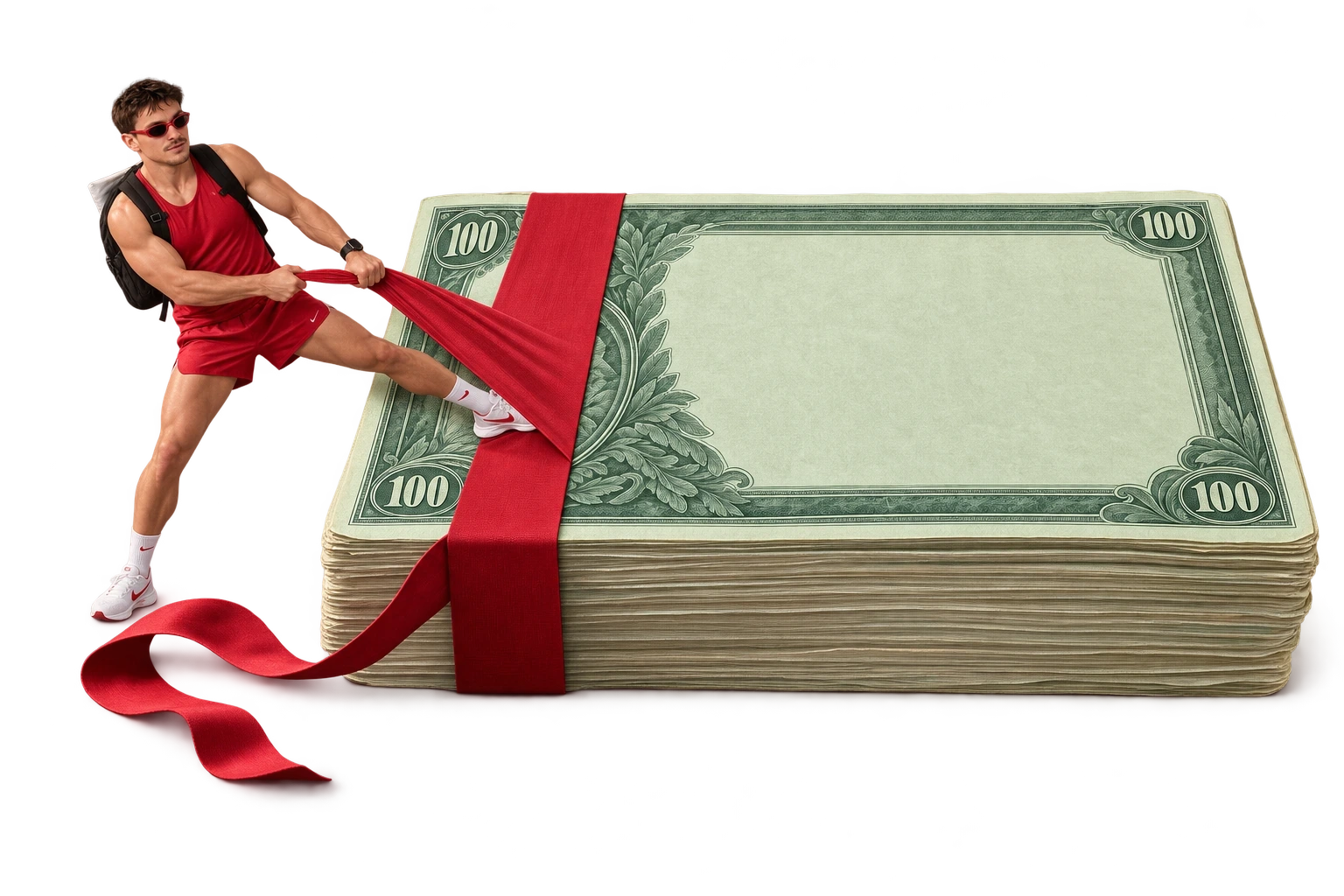 Tijs pulling a ribbon around a giant stack of fictional banknotes
